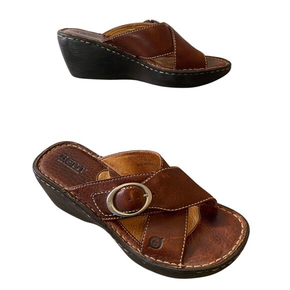 Born Sandals Womens Brown Leather Buckle Slip-On Wedge Shoes Size 7 - Picture 4 of 10